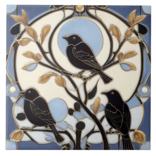 Black Crows Art Nouveau Birds Art Deco Bird Ceramic Tile