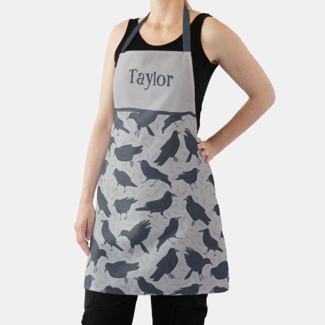 Black Crows Birds Gray Patterned Apron (Insitu)