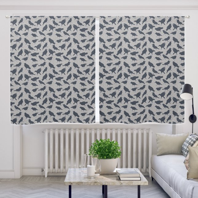 Black Crows Birds Gray Patterned Blackout Curtains (Living Room)
