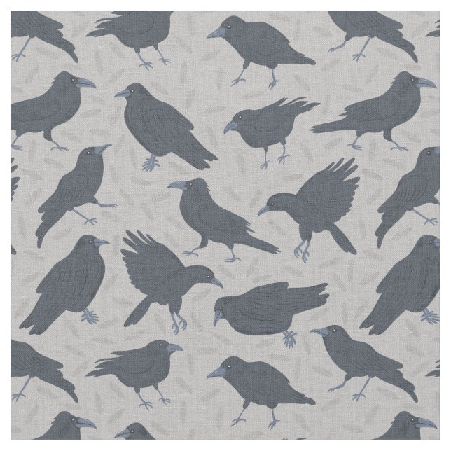 Black Crows Birds Gray Patterned Fabric (Close Up)