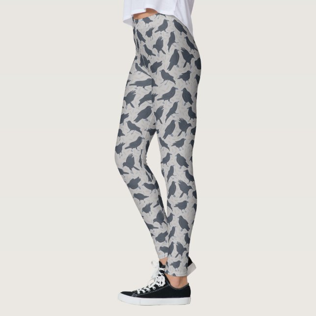 Black Crows Birds Gray Patterned Leggings (Left)