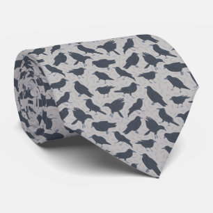 Black Crows Birds Gray Patterned Neck Tie