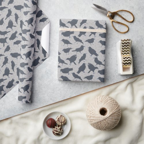 Black Crows Birds Gray Patterned Wrapping Paper