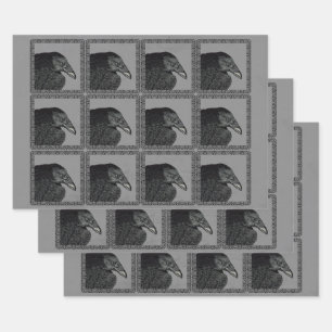 Black Crows Ornate Black Frame on Gray Wrapping Paper Sheets