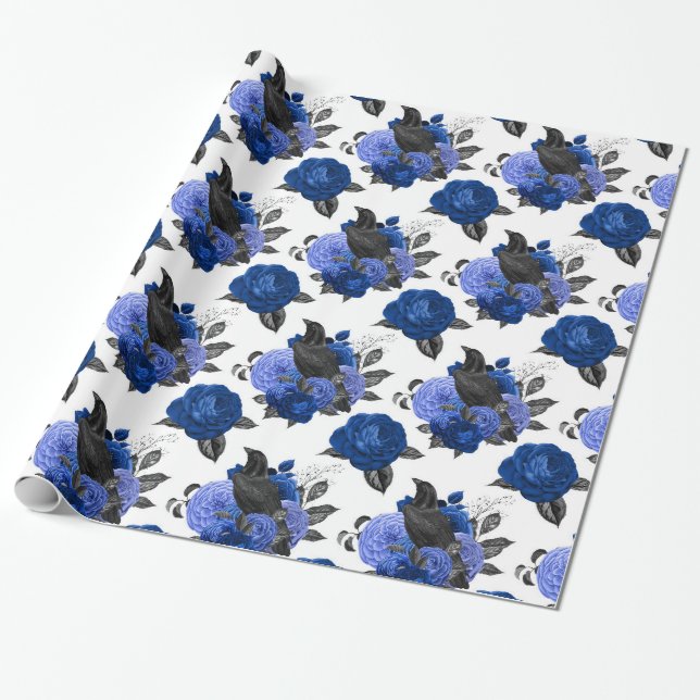 BLACK CROWS ROYAL BLUE ROSES FLOWERS GOTH WRAPPING PAPER (Unrolled)
