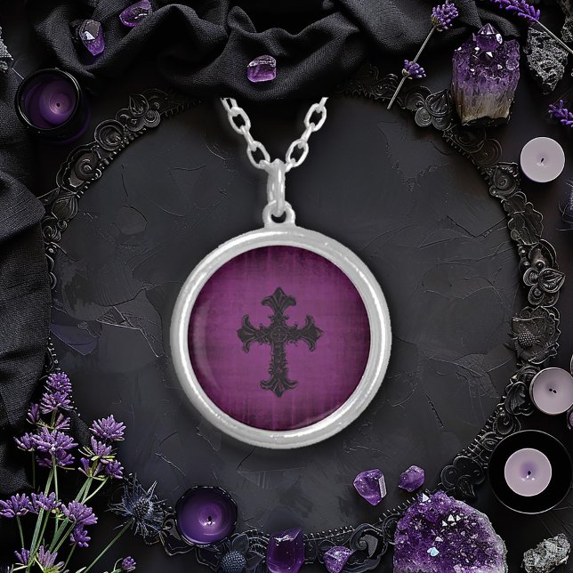 Black Crucifix on Purple Silver Plated Necklace (Creator Uploaded)
