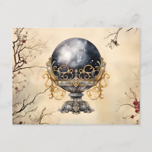 Black Crystal Ball Parchment Trees Leaf Halloween Holiday Postcard