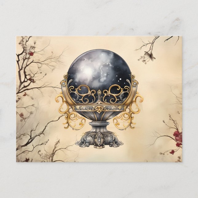 Black Crystal Ball Parchment Trees Leaf Halloween Holiday Postcard (Front)