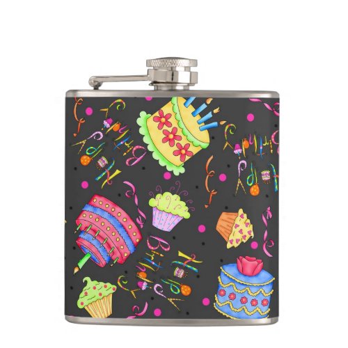 Black Cupcakes and Cake Happy Birthday Art Hip Flask