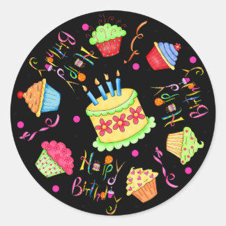 Black Cupcakes and Cake Happy Birthday Classic Round Sticker