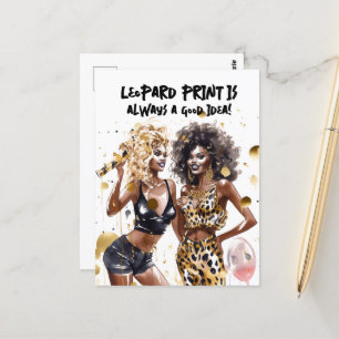 Black curly girls leopard print watercolor party postcard