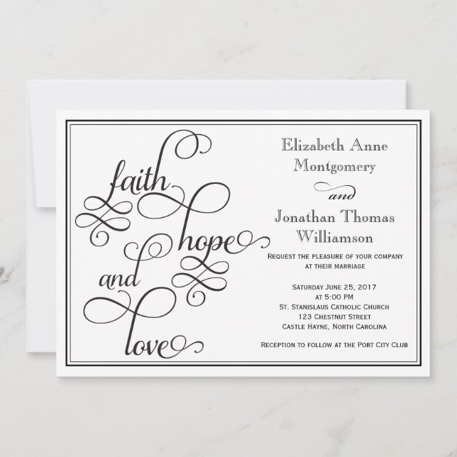 Black Curly Script Faith Hope & Love Wedding Card (Front)