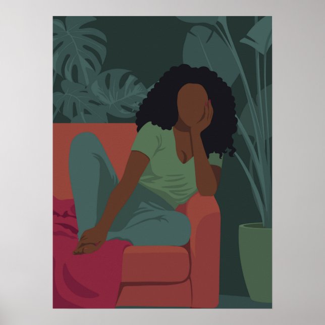 Black curly woman with viridian green plants poster (Front)