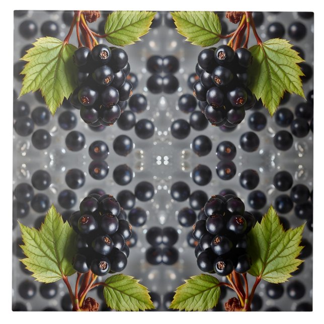 Black Currants Berries & Green Leaf Pattern Ceramic Tile (Front)