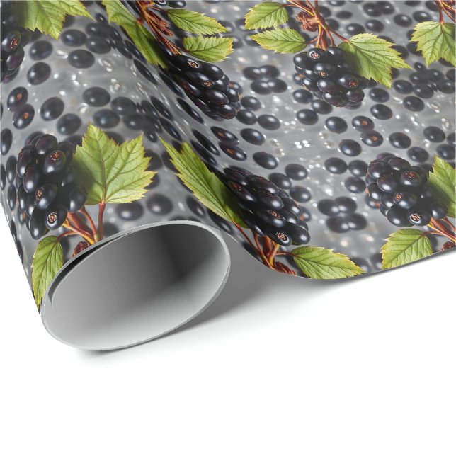 Black Currants Berries & Green Leaf Pattern Wrapping Paper (Roll Corner)
