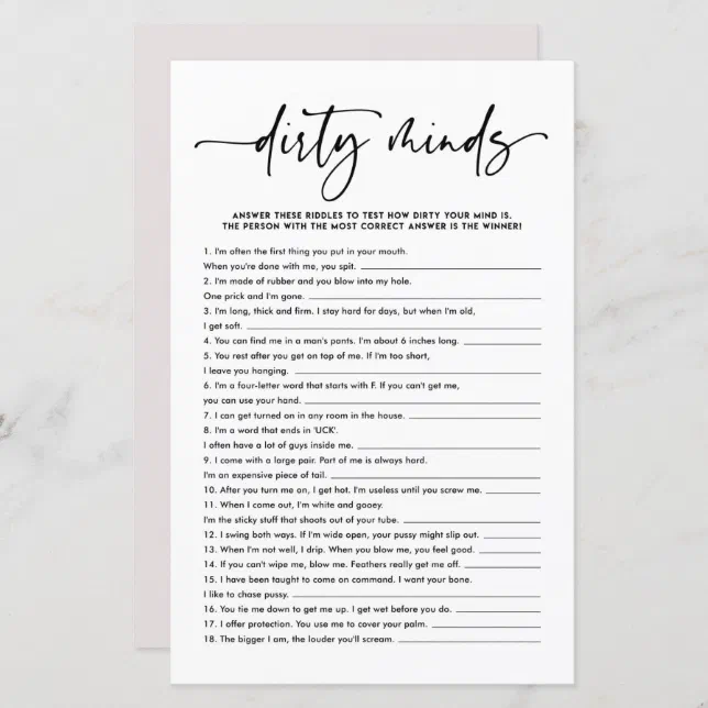 Script Dirty Minds Game Card Dirty Riddles Bachelorette 