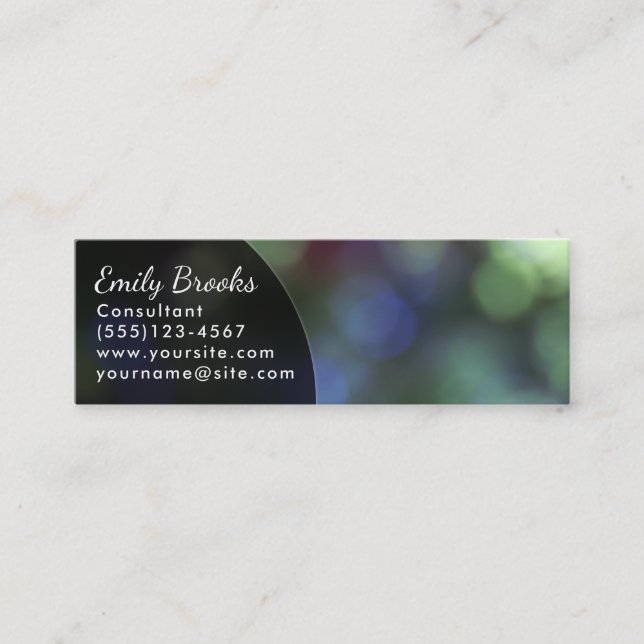 Black Curve over Green & Purple Bokeh Mini Business Card (Front)