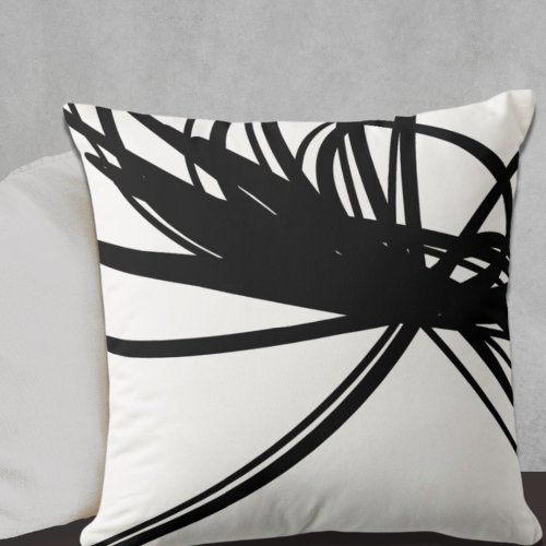 Black Curved Abstract Ribbon Design on White Throw Pillow