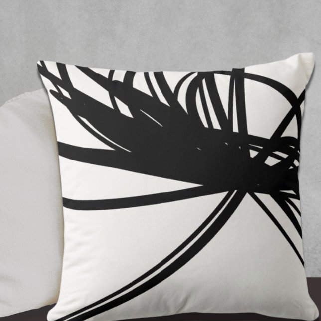 Black Curved Abstract Ribbon Design on White Throw Pillow (Creator Uploaded)