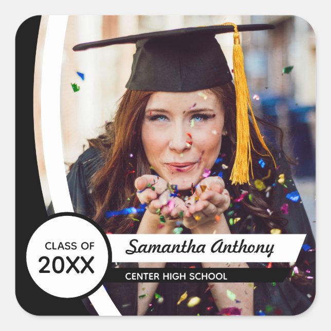 Black Curved Frame Photo Graduation Square Sticker (Front)