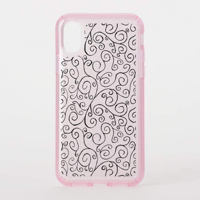 Black Curvy Abstract Scroll Pattern Glitter Speck iPhone XS Case (Front)
