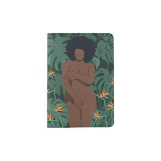 Black curvy woman in viridian green tropics  passport holder