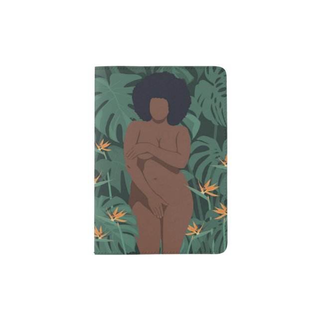 Black curvy woman in viridian green tropics  passport holder (Front)