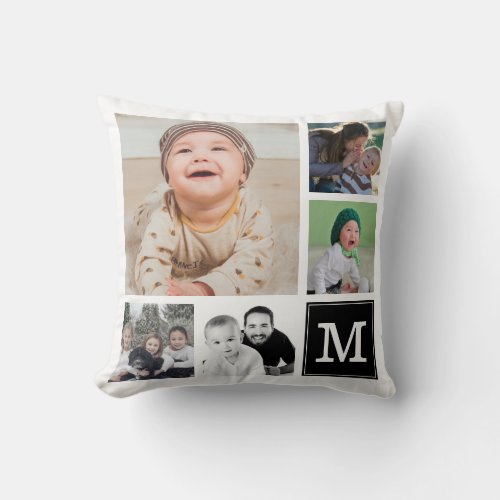 Black Custom 10 Photo Collage Gallery Monogram Throw Pillow