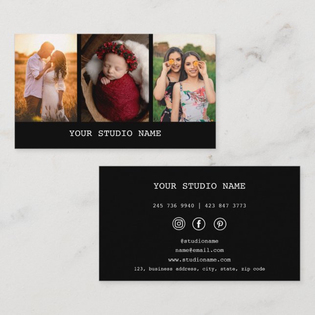 Black Custom 3 Photo Photographer Business Card (Front/Back)