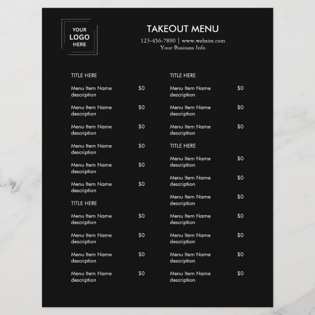Black Custom Business Logo Modern Takeaway Menu  Flyer (Front)