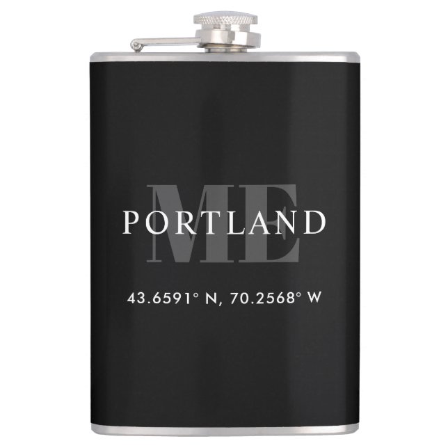 Black Custom City Coordinates Latitude Longitude Flask (Front)