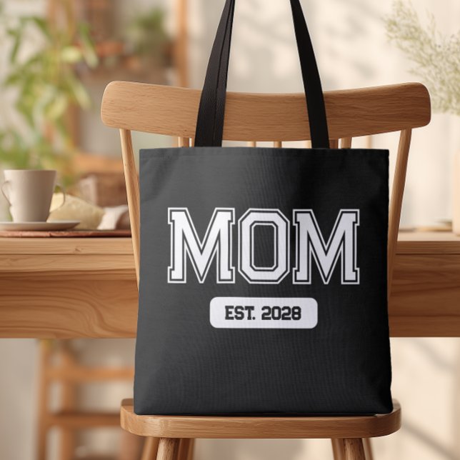 Black Custom Date New Mom Tote Bag (Custom Mom Est. Tote Bag)