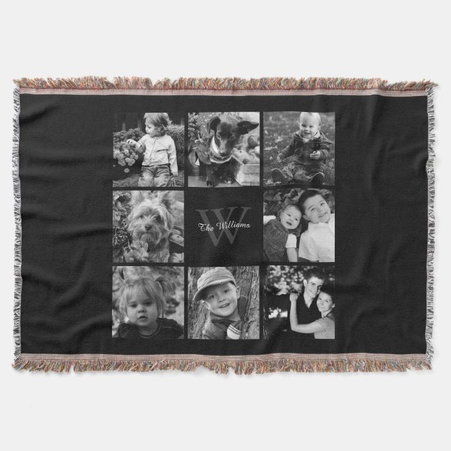 Black Custom Family Photo Collage Throw Blanket (Front)