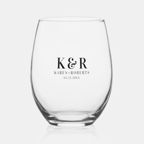 Black Custom Initials Wedding Couple Stemless Wine Glass