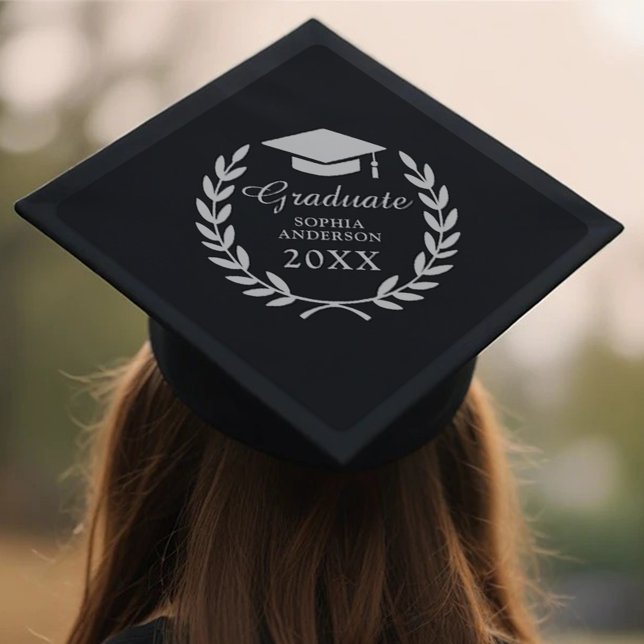 Black Custom Laurel Wreath Grad Name & Year Emblem Graduation Cap Topper (Creator Uploaded)