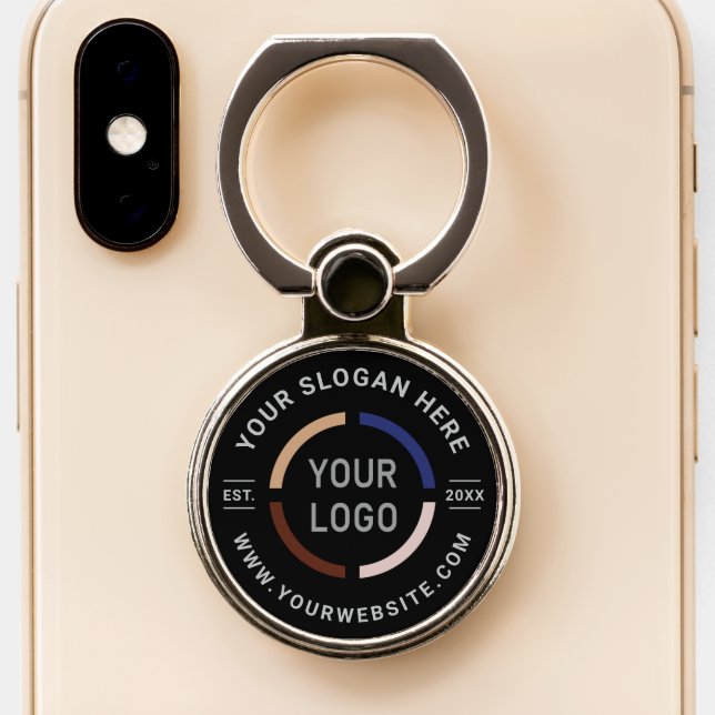 Black custom logo branded promotional phone ring stand (Close Up)