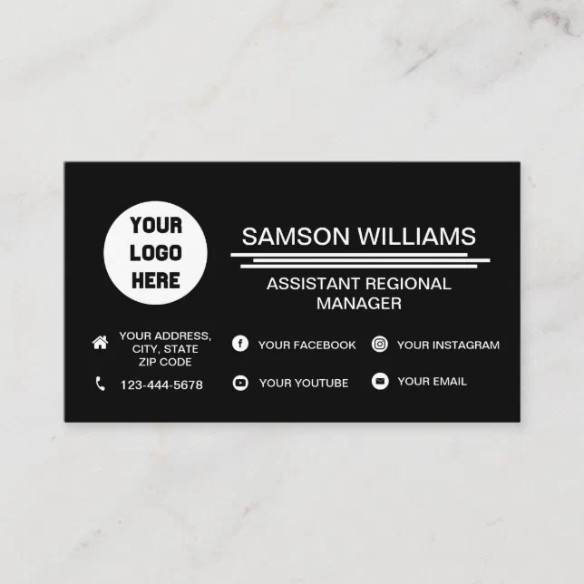 Black Custom Logo Minimalist Social Media Icons Business Card | Zazzle