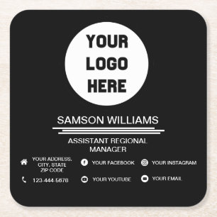 Black Custom Logo Minimalist Social Media Icons Square Paper Coaster