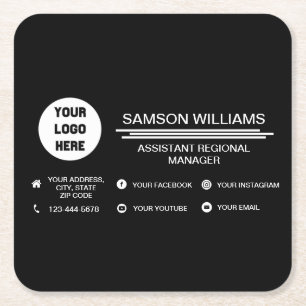 Black Custom Logo Minimalist Social Media Icons Square Paper Coaster