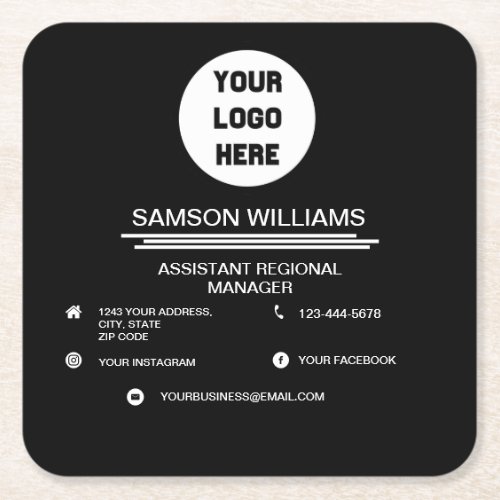 Black Custom Logo Minimalist Social Media Icons Square Paper Coaster