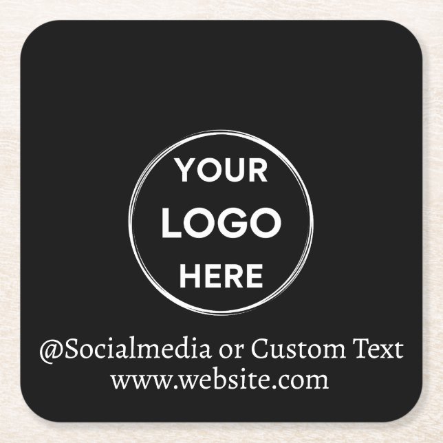 Black Custom Logo Text Modern Minimalist Business Square Paper Coaster (Front)