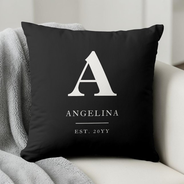 Black Custom Modern Monogram Initial Established Throw Pillow (Black Custom Modern Monogram Initial Established Throw Pillow)