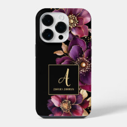 Black Custom Monogram Purple Floral iPhone 14 Pro Case