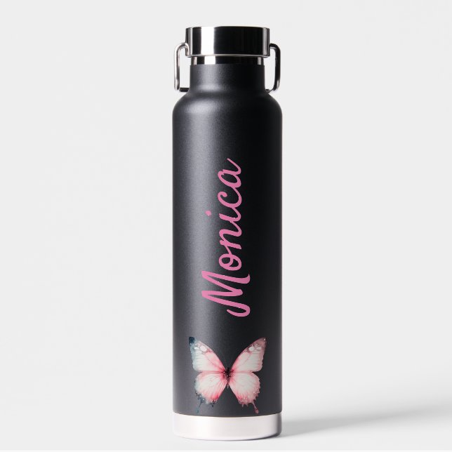 Black custom name butterfly birthday gift water bottle (Front)