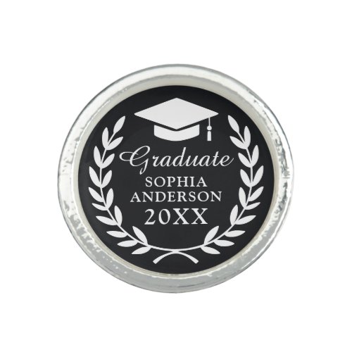 Black Custom Name Laurel Wreath Emblem Graduation  Ring