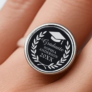 Black Custom Name Laurel Wreath Emblem Graduation  Ring