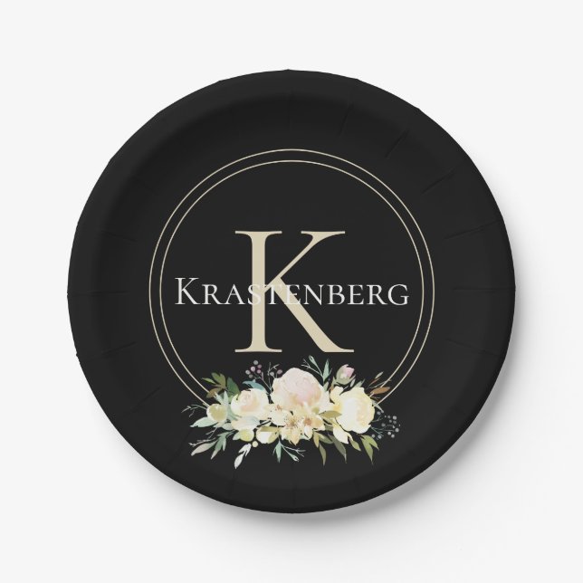 Black Custom Name Monogram White Roses Paper Plates (Front)