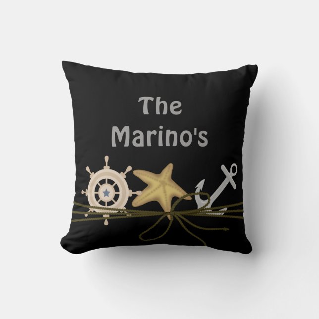 BLACK CUSTOM NAUTICAL STARFISH Anchor, Ship Pillow (Front)