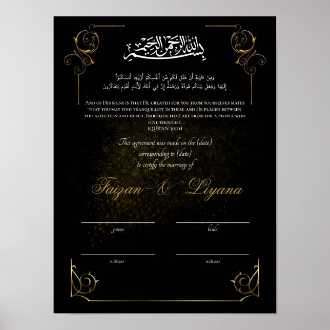 Black Custom Nikkah Muslim Marriage Certificate Poster (Front)