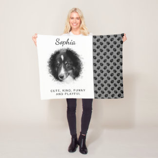 Black Custom Pet Photo Template &amp; Paws And Text Fleece Blanket